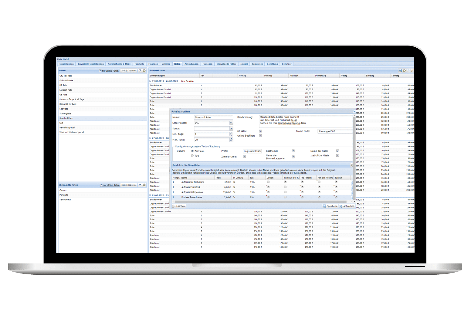Einfaches Anlegen von Zimmerraten für Privat- und Firmenkunden. Generieren Sie Raten mit Paketen, Aufschlägen und Restriktionen und übermitteln Sie diese direkt an Ihren Channelmanager.
