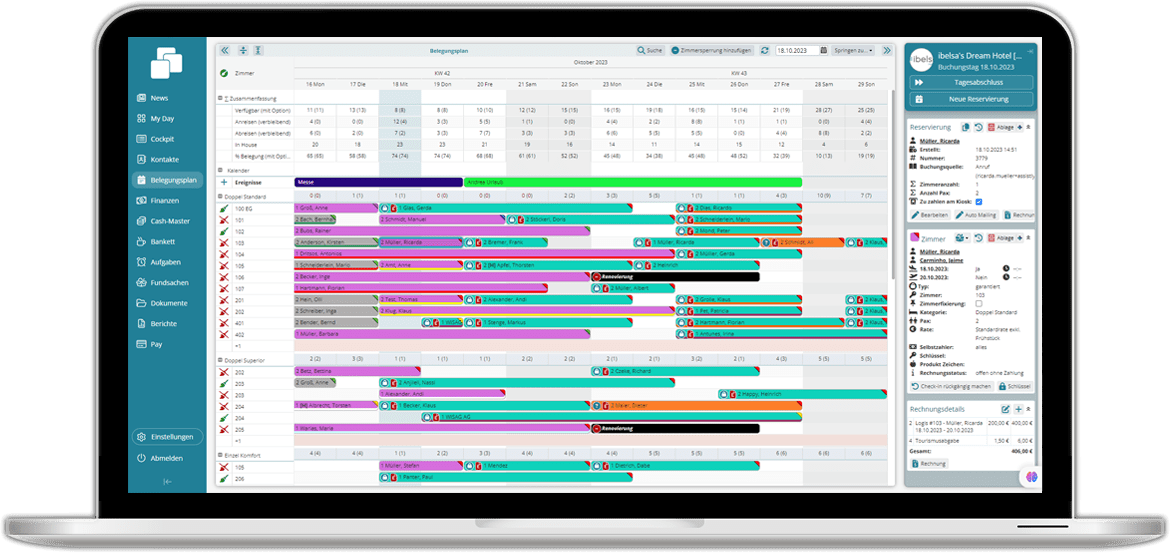 Eine Hotelsoftware für alles: u.a. Belegungsplan, Gästemanagement, Rechnungsmanagement, Webbuchungen, Raten, Arrangements, Berichte, Auswertungen.